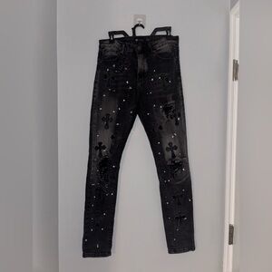 Waimea Skinny Fit Black Washed Paint Speckled Distressed Cross Patch Denim Jeans